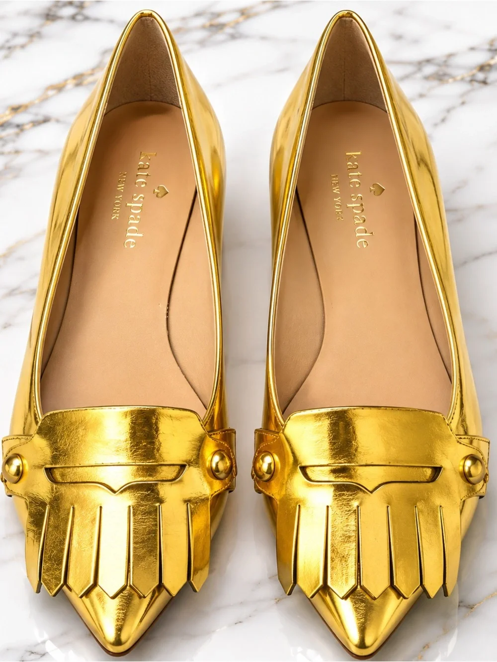 Kate Spade New York Metallic Gold Leather Pointed-Toe Kiltie Fringe Flats 7.5